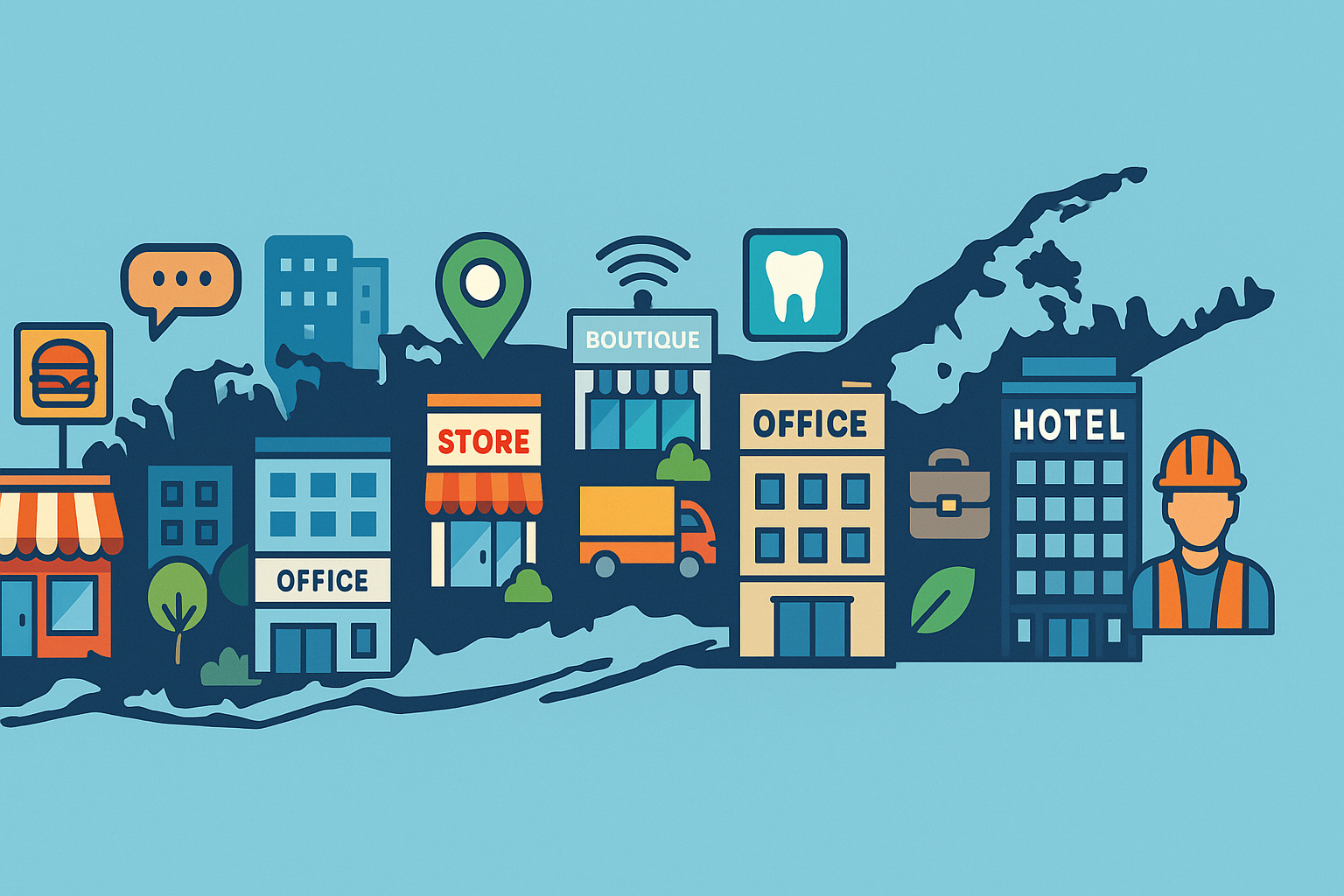 Illustration of Long Island with local storefronts, offices, a hotel, and trade workers along the coastline